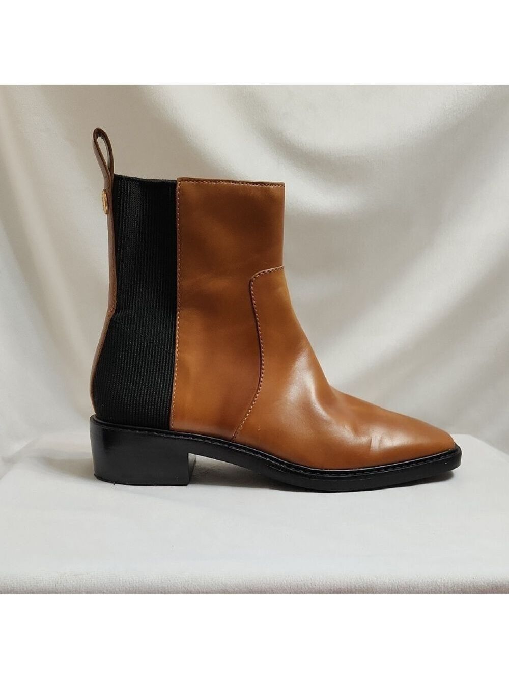 Tory Burch Chelsea Brown Black Leather Heeled Ankle Boots (W Size 10) - Picture 2 of 16